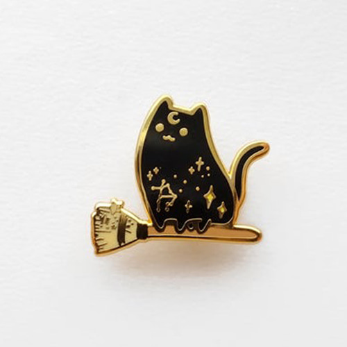 Witch Broomstick Cat Enamel Pin(Black)